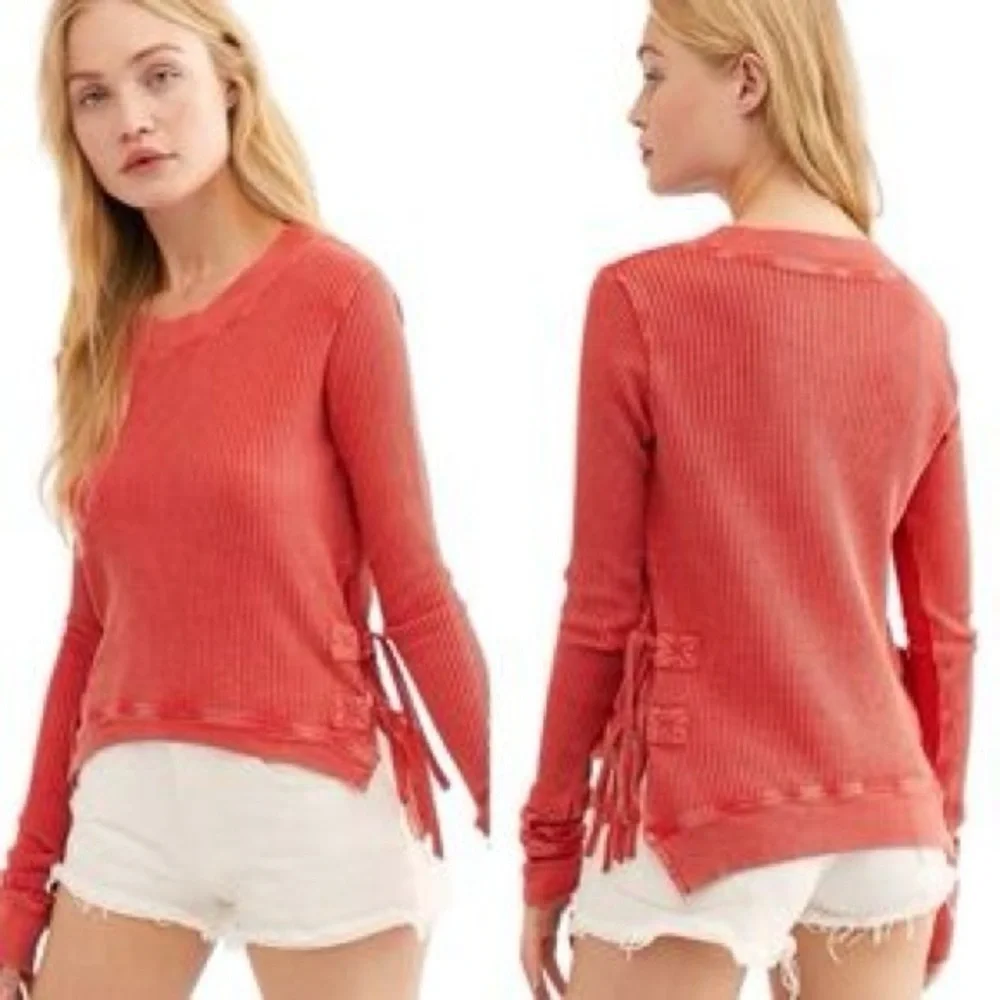 Free People FP One Cropped waffle knit tie top size small in red long sleeve